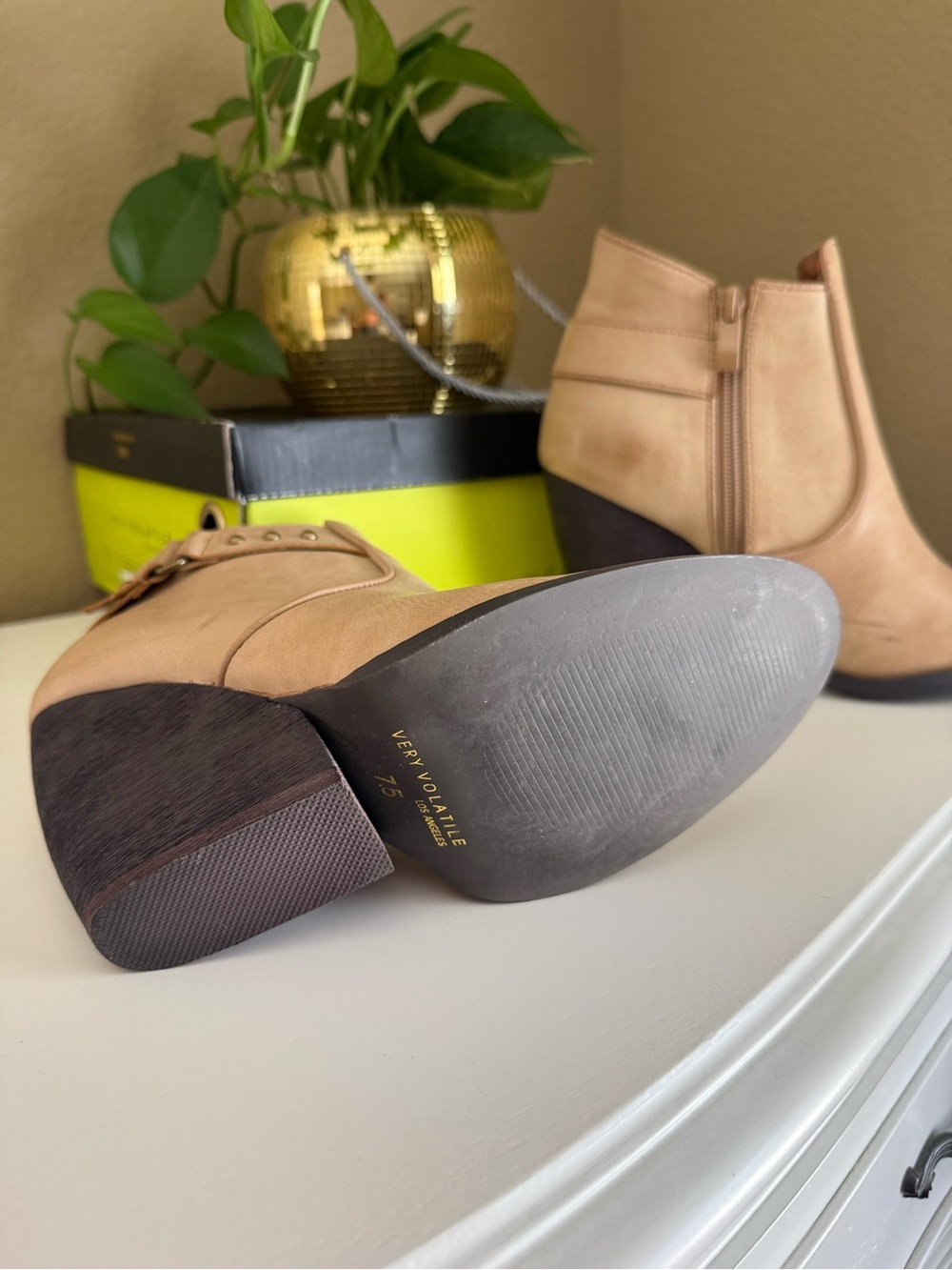 Very Volatile Tan/Beige Ankle Booties with Block Heel